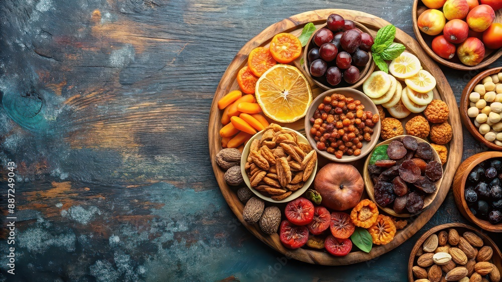 Assorted dried fruits and nuts arrangement for Tu Bishvat celebration, Tu Bishvat, Jewish holiday, bounty, nature, healthy Assorted dried fruits and nuts arrangement for Tu Bishvat celebration, Tu Bishvat, Jewish holiday, bounty, nature, healthy