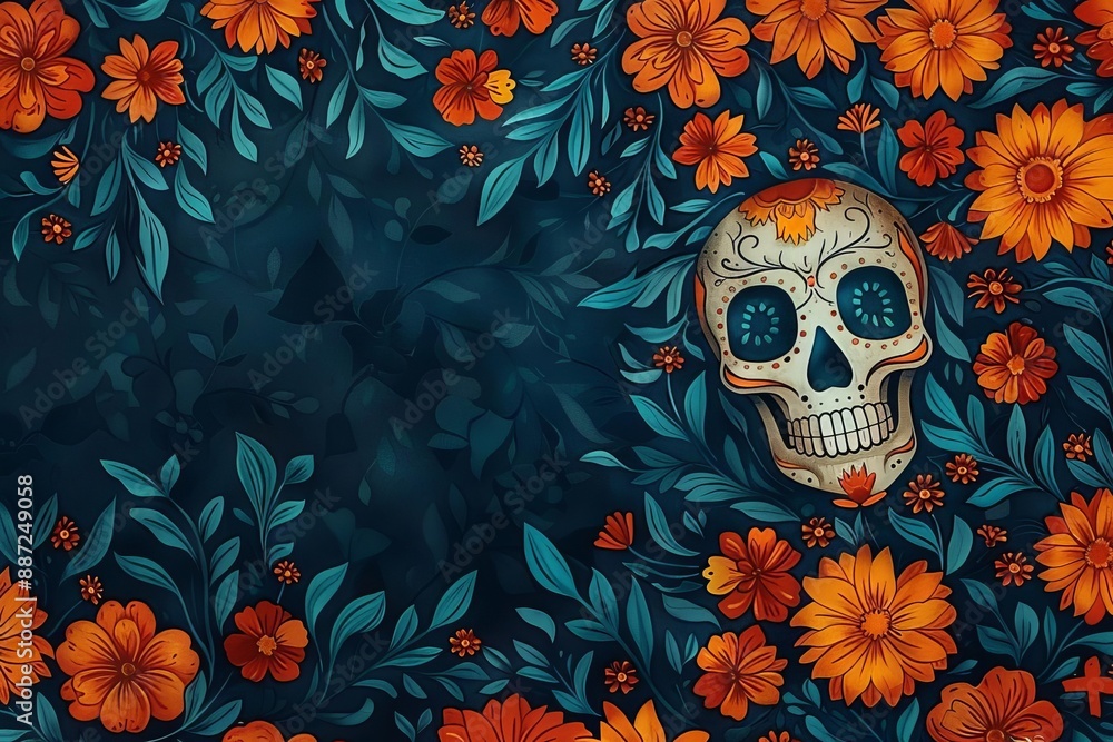 Flower offerings for Dia De Los Muertos, bright marigold bouquets with intricate designs, festive atmosphere, traditional significance, watercolor style, highly detailed