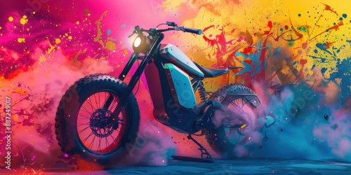 Futuristic electric motorcycle with colorful paint splatters background. photo