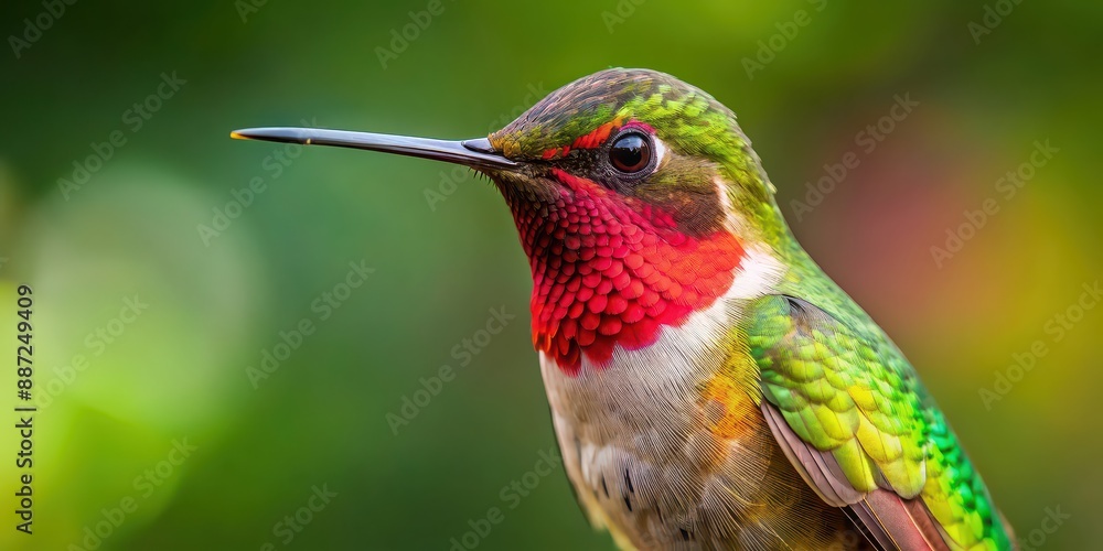 Fototapeta premium Detailed of a Ruby-throated hummingbird , vibrant, colorful, detailed, wildlife, nature, bird, feather, delicate, beauty, animal