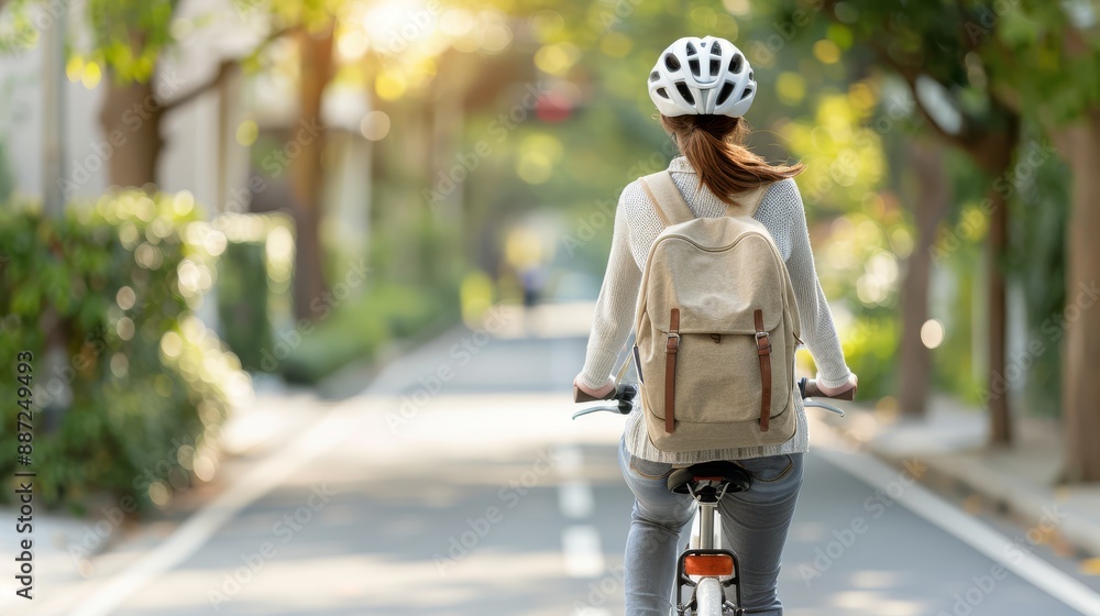 Obraz premium A teacher commuting to school by bike, enjoying the morning breeze and the scenic route, arriving at school refreshed and ready to teach
