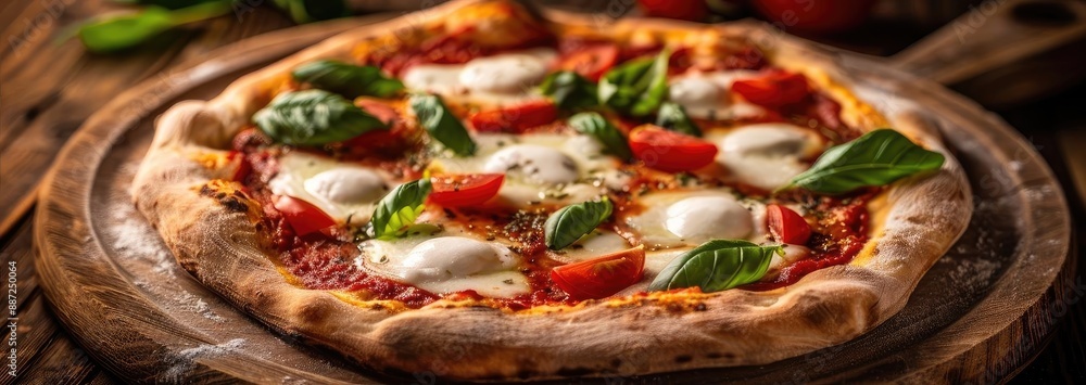 Delicious margherita pizza topped with fresh basil, mozzarella cheese, and ripe tomatoes on a wooden platter. Delicious margherita pizza topped with fresh basil, mozzarella cheese, and ripe tomatoes on a wooden platter.