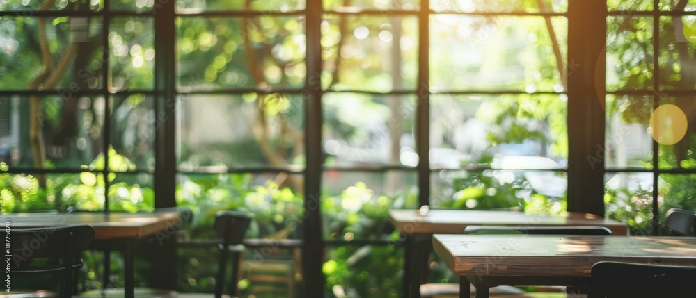 A restaurant with large windows and tables in front of them. AI. A restaurant with large windows and tables in front of them. AI.