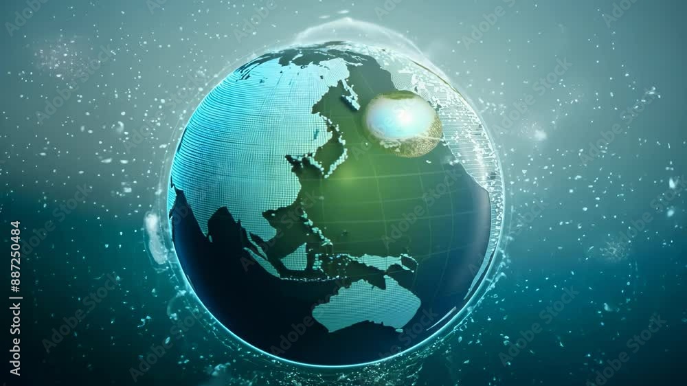 A stylized globe rotates slowly, bathed in shifting light that simulates the day-night cycle. Delicate particle effects represent the air purification process. A stylized globe rotates slowly, bathed in shifting light that simulates the day-night cycle. Delicate particle effects represent the air purification process.