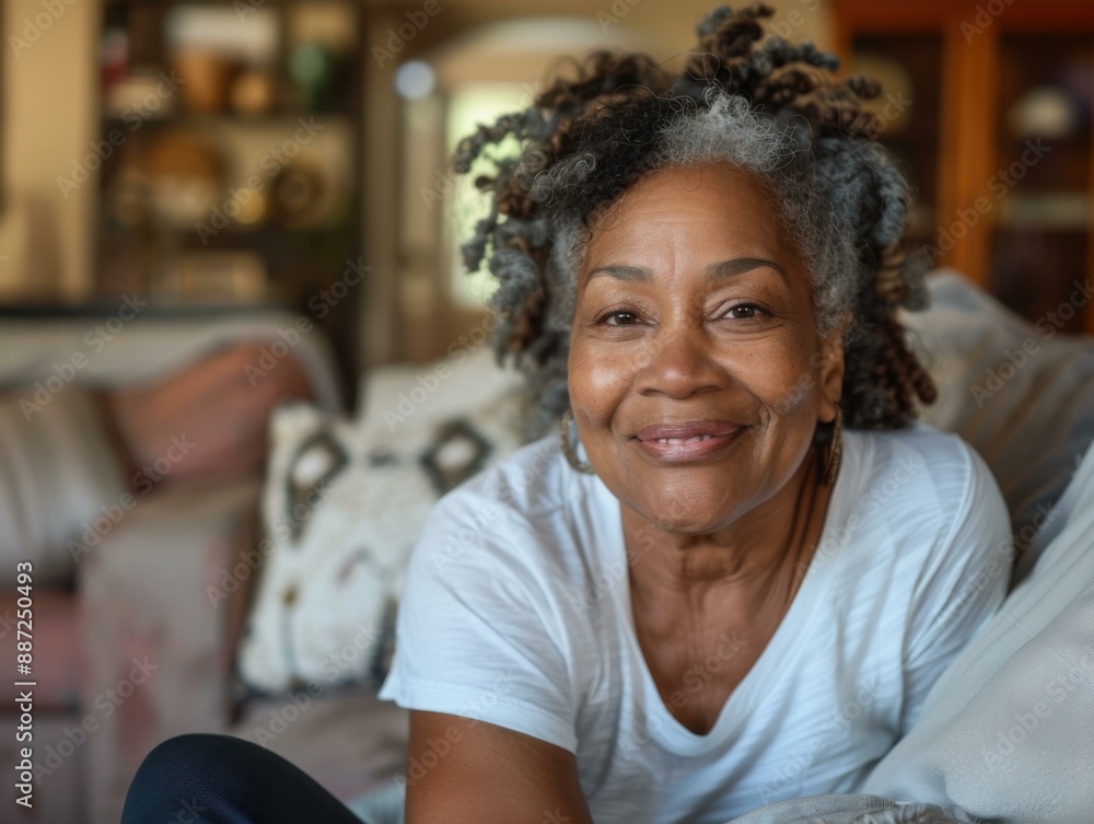 A woman with curly hair sitting on a couch smiling. AI. A woman with curly hair sitting on a couch smiling. AI.