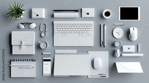 White Office Desk with Computer Keyboard, Mouse, Pens, and Other Office Supplies Illustration