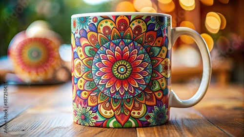 A close-up image of a custom-designed mug with a vibrant print, custom, print, design, personalized, coffee, tea, ceramic