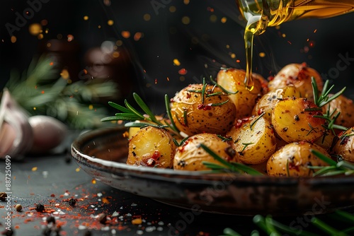 A plate of roasted potatoes being drizzled with olive oil