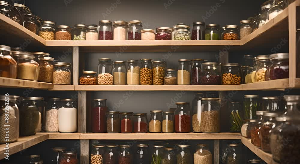Glass jars and bottles on shelves, containing natural organic food ingredients Glass jars and bottles on shelves, containing natural organic food ingredients