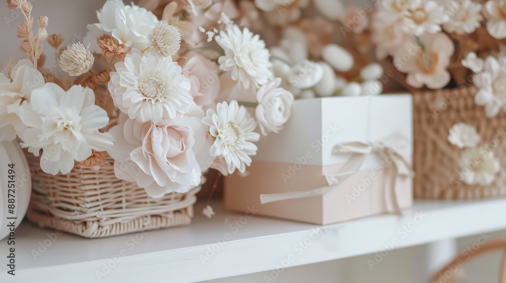 White artificial flowers bouquet and white and pink gift box on shelf with soft tone wicker basket flower commerce focused in macro mode White artificial flowers bouquet and white and pink gift box on shelf with soft tone wicker basket flower commerce focused in macro mode