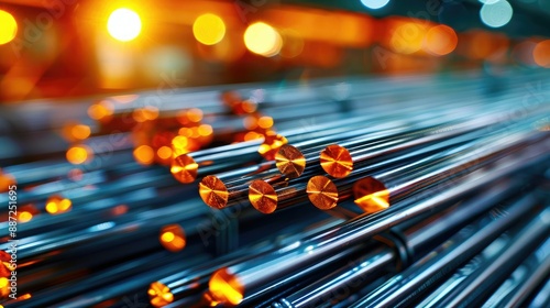 Close-up of shiny metal rods with glowing tips in an industrial setting, ideal for representing manufacturing or engineering.