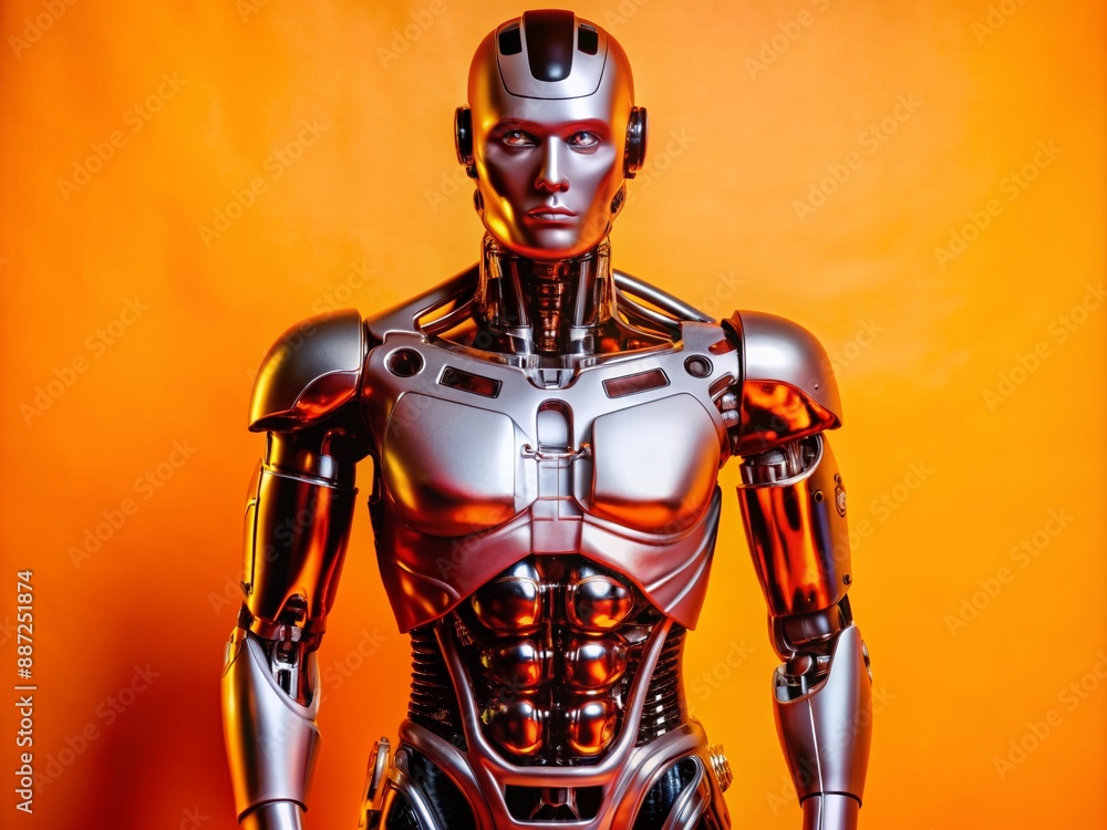 Metallic humanoid robot stands isolated on pristine white background, sleek limbs and torso showcasing advanced artificial intelligence technology in futuristic design. Metallic humanoid robot stands isolated on pristine white background, sleek limbs and torso showcasing advanced artificial intelligence technology in futuristic design.