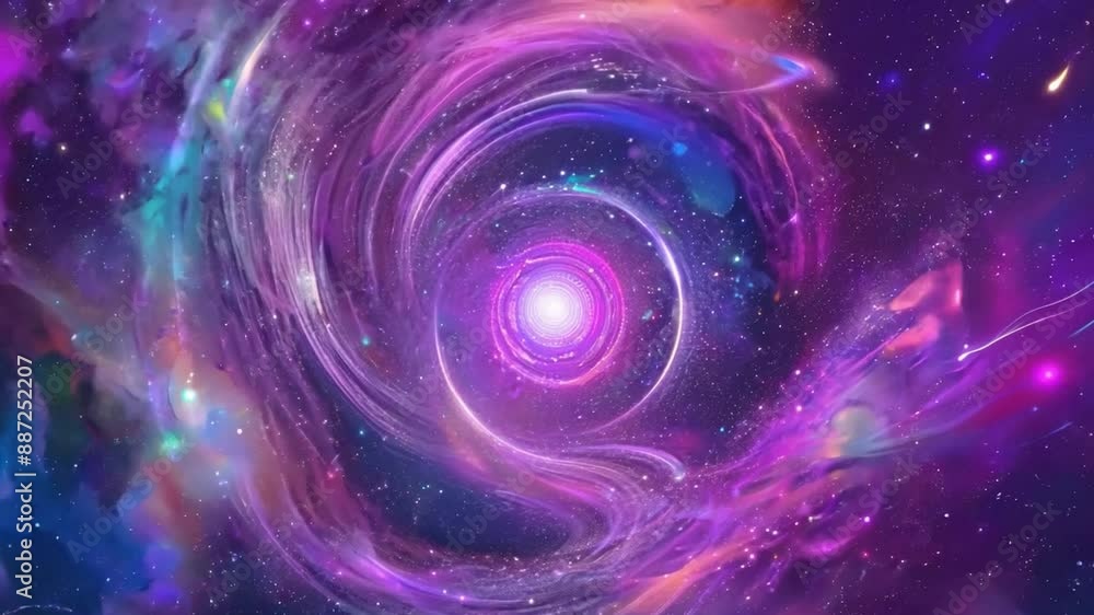 A cosmic vortex of vibrant pink and orange swirls around a bright white light, set against a background of twinkling stars and nebulae. A cosmic vortex of vibrant pink and orange swirls around a bright white light, set against a background of twinkling stars and nebulae.