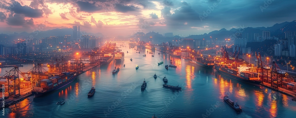 Illuminated Port at Twilight. Vibrant port illuminated at twilight, with numerous ships, cranes, and city lights reflecting on the calm water. Illuminated Port at Twilight. Vibrant port illuminated at twilight, with numerous ships, cranes, and city lights reflecting on the calm water.