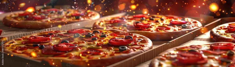 Freshly baked pepperoni pizzas with melting cheese and various toppings, ready to be served in a cozy, warm pizzeria atmosphere. Freshly baked pepperoni pizzas with melting cheese and various toppings, ready to be served in a cozy, warm pizzeria atmosphere.