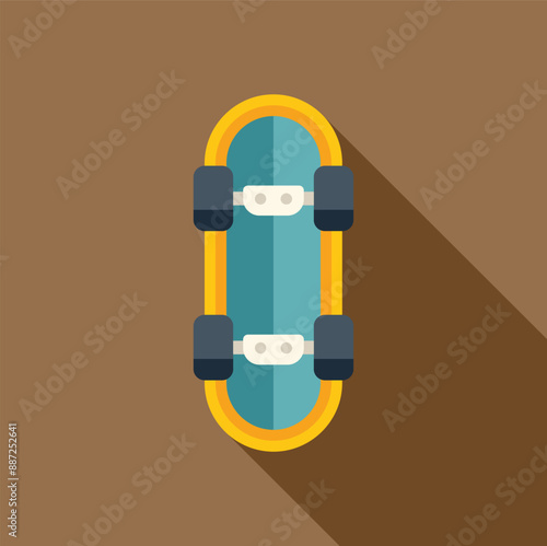 Yellow skateboard standing upright on a brown background, casting a long shadow