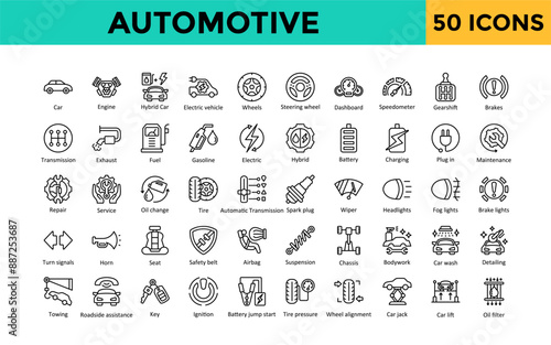 Automotive icon set with car, engine, hybrid car, electric vehicle, wheels, steering wheel, dashboard, speedometer, gearshift, brakes icon. Simple line vector