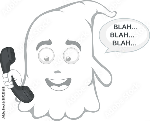 vector illustration character ghost cartoon, talking on the phone and a speech bubble with the text blah