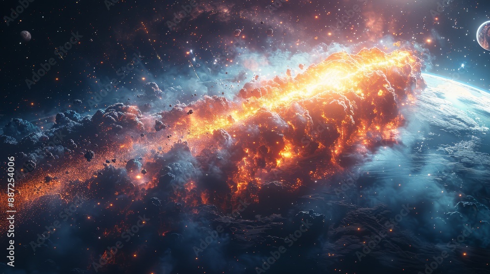 Fototapeta premium Stunning digital artwork depicting a dramatic meteor explosion impacting Earth, surrounded by fiery debris and cosmic scenes.