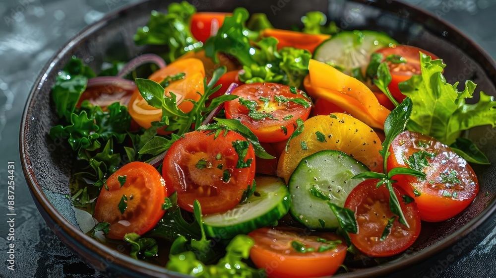 Fresh and vibrant vegetable salad with tomatoes, cucumbers, and leafy greens in a dark bowl. Healthy and delicious meal option. Fresh and vibrant vegetable salad with tomatoes, cucumbers, and leafy greens in a dark bowl. Healthy and delicious meal option.