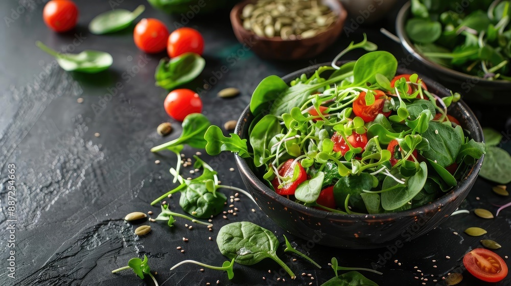 Fresh green salad with spinach, cherry tomatoes, and seeds in a black bowl on a dark background. Healthy eating and vegan food concept. Fresh green salad with spinach, cherry tomatoes, and seeds in a black bowl on a dark background. Healthy eating and vegan food concept.