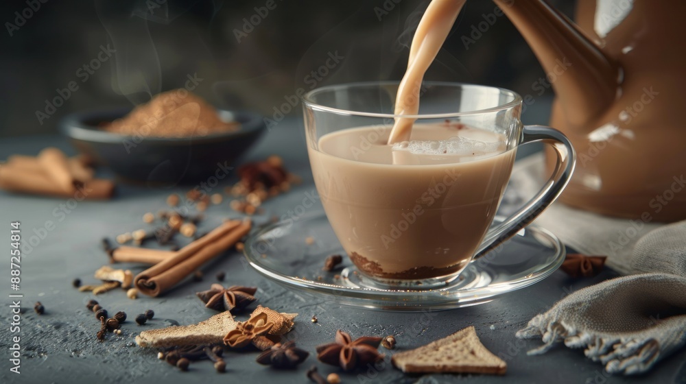 Pouring Masala Chai into a Glass Cup Pouring Masala Chai into a Glass Cup