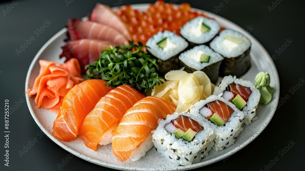 An assorted sushi platter featuring a variety of nigiri and maki rolls, served with wasabi, pickled ginger, and garnishes on a white plate. An assorted sushi platter featuring a variety of nigiri and maki rolls, served with wasabi, pickled ginger, and garnishes on a white plate.