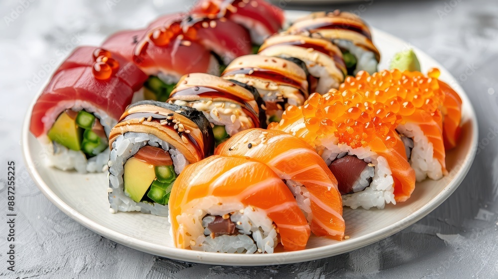 A variety of sushi rolls topped with different garnishes and sauces, presented on a white plate, featuring vibrant and colorful presentation. A variety of sushi rolls topped with different garnishes and sauces, presented on a white plate, featuring vibrant and colorful presentation.