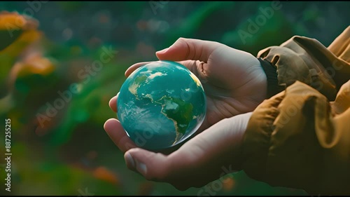 hand holidng earth globe symbolizing Earth Day Concept Sustainable concept for Earth. Protect the environment, save the planet photo