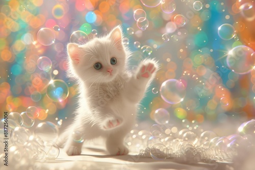 Adorable 3D Kitten Dancing with Colorful Background and Copy Space © Zaria
