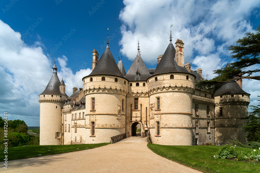Fototapeta premium View of the Chateau Chaumont-sur-Loire, a medieval castle on the banks of the Loire, between the towns of Amboise and Blois on a sunny summer day, Loir-et-Cher, France