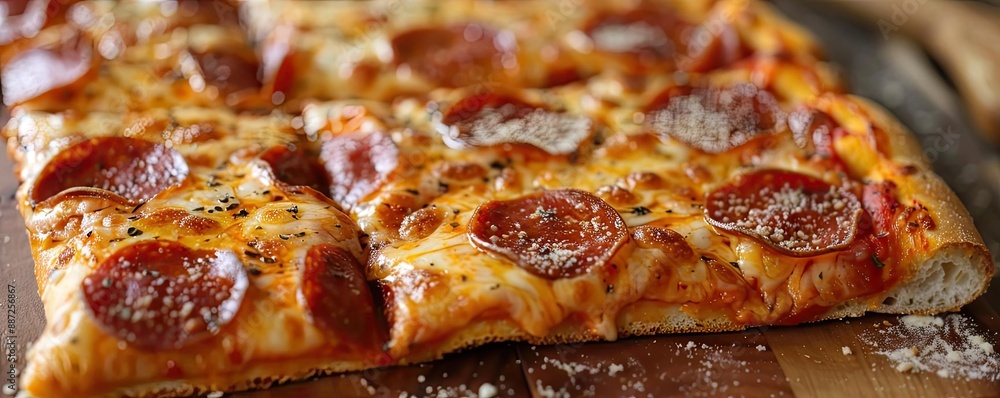 Close-up of a delicious pepperoni pizza slice on a wooden board, showcasing gooey cheese and perfectly cooked pepperoni bites. Close-up of a delicious pepperoni pizza slice on a wooden board, showcasing gooey cheese and perfectly cooked pepperoni bites.