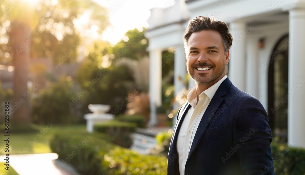 A handsome male real estate agent in his late thirties, smiling at the camera while standing outside of an elegant home with white accents and lush greenery A handsome male real estate agent in his late thirties, smiling at the camera while standing outside of an elegant home with white accents and lush greenery