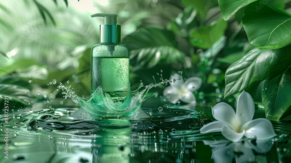A bottle of green beauty product sits in a pool of water with a splash of water behind it. Green foliage surrounds the bottle and there is a white flower floating on the water A bottle of green beauty product sits in a pool of water with a splash of water behind it. Green foliage surrounds the bottle and there is a white flower floating on the water