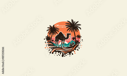 camel with palm on beach vector logo design