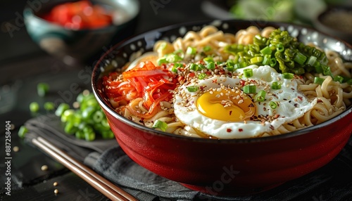 Boiled instant noodles with egg and green mustard and on the red bowl 