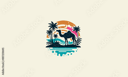 camel with palm on beach vector logo design