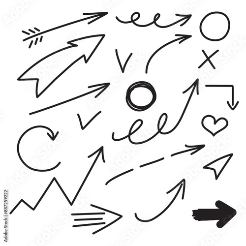 Set of hand drawn arrows. Doodle arrows, circle, star, heart, cross. Vector arrows.