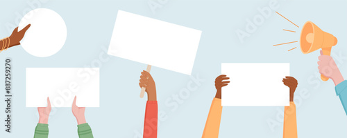 A group of hands holds blank signs and banners at a election rally. People wave template placards, showing support to political campaign. The crowd, men and women, stands in solidarity of the politics