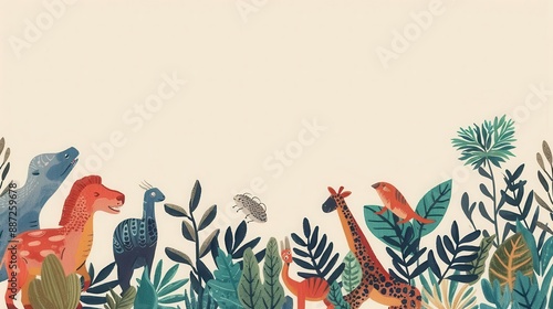 Artistic illustration of evolution showcasing diversity of flora and fauna, evolutionary, biological variety