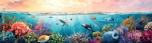 Detailed illustration of evolution with diverse marine species, evolutionary, biological variety