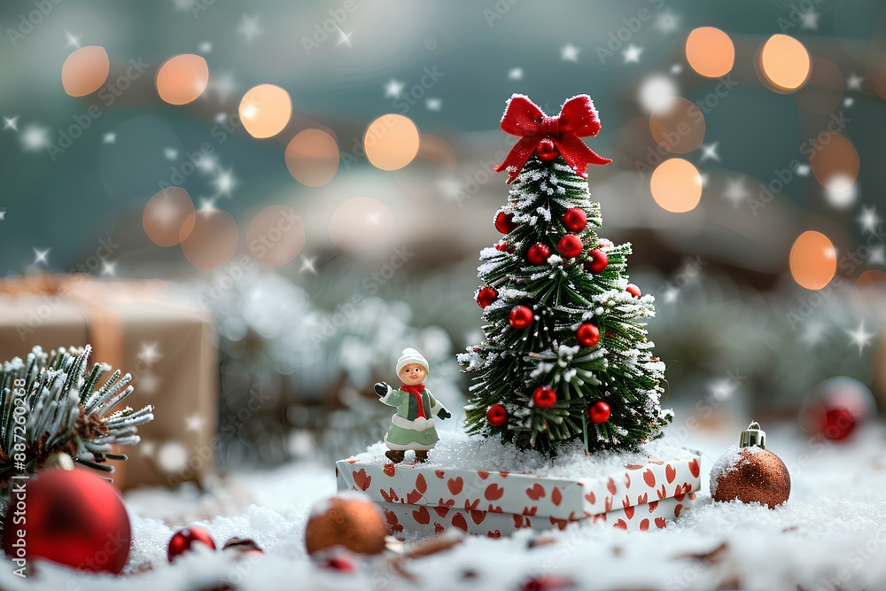 A small christmas tree sitting on top of a snow covered ground A small christmas tree sitting on top of a snow covered ground