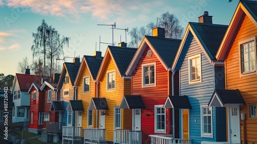 Sunset view of colorful timber houses in Porvoo Finland : Generative AI photo