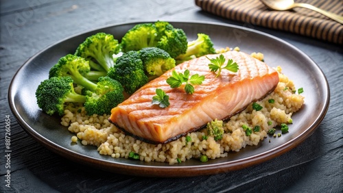 Baked salmon, quinoa, broccoli on gray plate, healthy eating concept, flat lay , salmon, quinoa, broccoli, plate