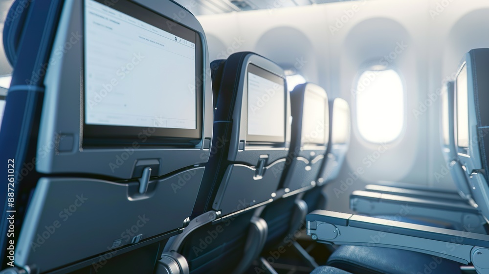 Airplane seats with blank lcd screen mockup for entertainment on a plane trip photo, no people Airplane seats with blank lcd screen mockup for entertainment on a plane trip photo, no people
