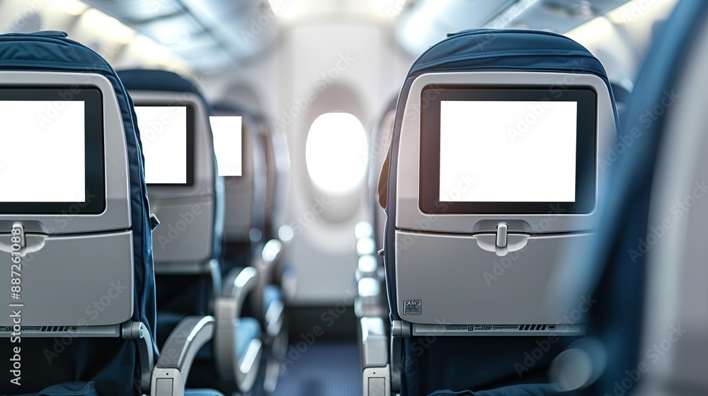 Airplane seats with blank lcd screen mockup for entertainment on a plane trip photo, no people Airplane seats with blank lcd screen mockup for entertainment on a plane trip photo, no people