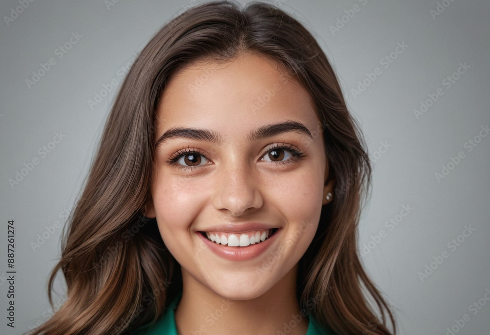 Portrait view of a regular happy smiling Algeria girl, ultra realistic, candid, social media, avatar image, plain solid background Portrait view of a regular happy smiling Algeria girl, ultra realistic, candid, social media, avatar image, plain solid background