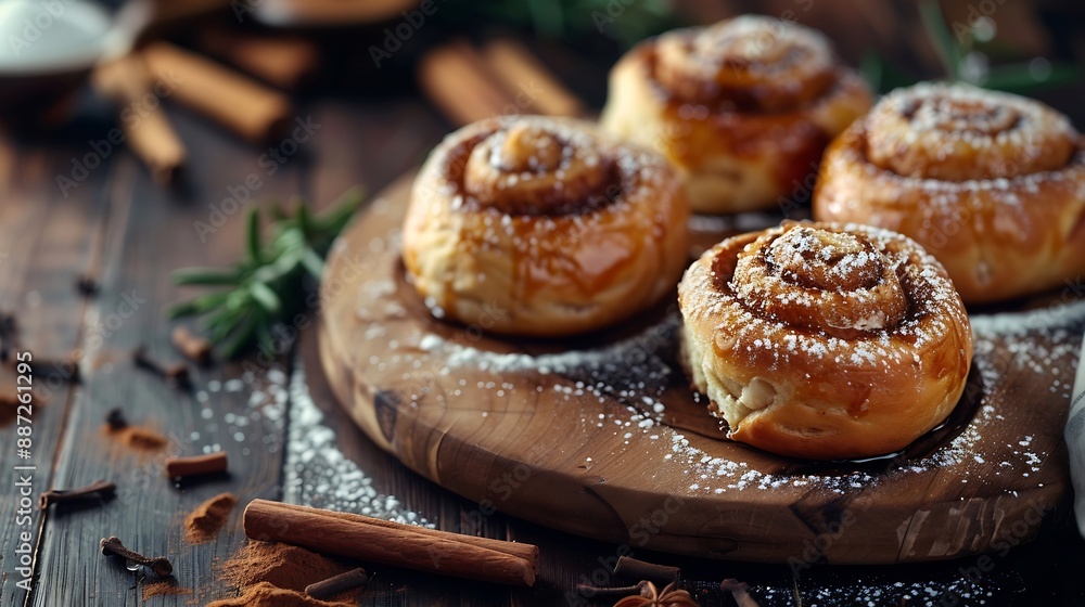 Homemade fresh baked cinnamon rolls on a wooden board with cinnamon sticks sugar and napkin Wooden and dark background : Generative AI Homemade fresh baked cinnamon rolls on a wooden board with cinnamon sticks sugar and napkin Wooden and dark background : Generative AI