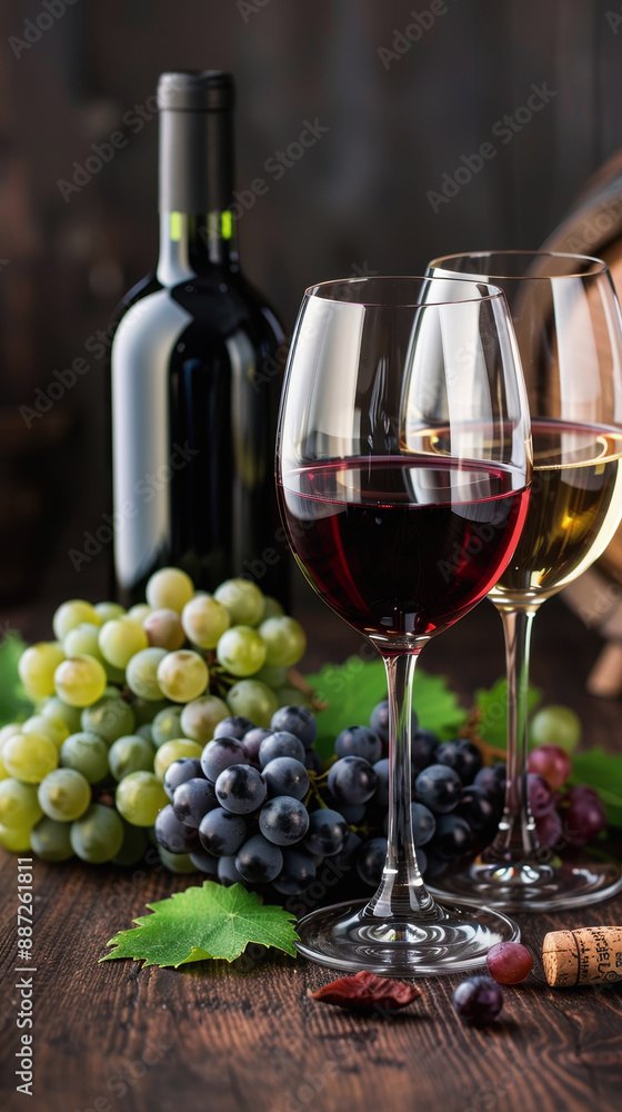 a glass of wine, a bottle of wine and grapes. Wine day a glass of wine, a bottle of wine and grapes. Wine day