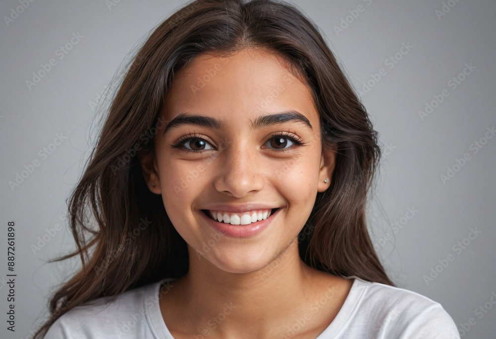 Portrait view of a regular happy smiling Egypt girl, ultra realistic, candid, social media, avatar image, plain solid background Portrait view of a regular happy smiling Egypt girl, ultra realistic, candid, social media, avatar image, plain solid background
